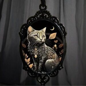 Cat lovers! Vibrant light colored cat Portrait under glass~ leather rope.